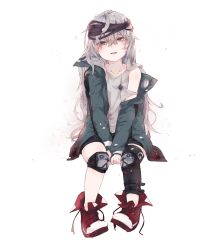 Rule 34 | 1girl, absurdres, ankle boots, between legs, blush, boots, brown eyes, clothing cutout, coat, collarbone, commentary request, g11 (girls&#039; frontline), girls&#039; frontline, green coat, hair between eyes, hand between legs, hat, highres, ki lllorz, knee pads, leg strap, legs, long hair, looking at viewer, messy hair, open clothes, open coat, open mouth, petals, scarf, scarf on head, shirt, shorts, shoulder cutout, sidelocks, silver hair, simple background, sitting, smile, solo, thighhighs, very long hair, white background, white shirt