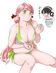 Rule 34 | 2girls, akashi (kancolle), bikini pull, black hair, blue eyes, blunt tresses, breasts, chibi, cleavage, clothes pull, commentary request, gradient bikini, green eyes, hair ribbon, highres, kantai collection, medium breasts, multiple girls, navel, official alternate costume, ojipon, ooyodo (kancolle), pink hair, plump, ribbon, rimless eyewear, simple background, sweat, tress ribbon, white background, x navel