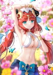 Rule 34 | 1girl, absurdres, arm up, armpits, bare arms, bare shoulders, blue bow, blurry, blurry foreground, blush, bow, bracer, breasts, brooch, bug, butterfly, circlet, cleavage, flower, genshin impact, hand up, highres, insect, jewelry, large breasts, long hair, looking at viewer, low twintails, nail polish, navel, nilou (genshin impact), paid reward available, parted bangs, pink flower, re xiangbin, red hair, revealing clothes, skirt, smile, stomach, twintails, vision (genshin impact)