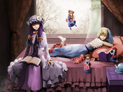 Rule 34 | 2girls, absurdres, alice margatroid, apron, bare tree, bedroom, blonde hair, blue dress, book, brown eyes, capelet, crescent, crescent hair ornament, diandianzai, dress, elbow gloves, facing viewer, gloves, hair ornament, hair ribbon, hairband, hand on own head, hat, highres, indoors, leg lift, levitation, lolita hairband, long hair, looking at another, looking at viewer, looking away, lying, mob cap, multiple girls, no shoes, on bed, on stomach, open book, parted lips, patchouli knowledge, pillow, purple dress, purple eyes, purple hair, ribbon, robe, shanghai doll, short hair, socks, table, teapot, touhou, tree, waist apron, window