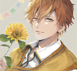 Rule 34 | 1boy, blonde hair, closed mouth, collared shirt, commentary request, earrings, flower, hair between eyes, holding, holding flower, jewelry, leaf, looking at viewer, male focus, mikeimikei, multicolored hair, official alternate costume, orange hair, partial commentary, project sekai, shinonome akito, shirt, short hair, solo, streaked hair, string of flags, sunflower, sweater vest, the vivid old tale (project sekai), two-tone hair, upper body, yellow eyes