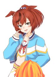 Rule 34 | 1girl, animal ears, belt, belt buckle, blue jacket, blush, brown hair, buckle, cheerleader, commentary request, crop top, ears down, grey eyes, hand up, highres, holding, horse ears, jacket, krtn gameac, long sleeves, looking at viewer, midriff, multicolored hair, navel, nervous smile, nice nature (run&amp;win) (umamusume), nice nature (umamusume), open clothes, open jacket, open mouth, pleated skirt, pom pom (cheerleading), ponytail, puffy long sleeves, puffy sleeves, scratching cheek, shirt, simple background, skirt, sleeves past wrists, smile, solo, streaked hair, umamusume, white background, white shirt, white skirt, yellow belt