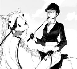 Rule 34 | 1girl, alternate costume, belt, braid, bridle, chainsaw man, chinese commentary, commentary, gloves, gold ship (racehorse), helmet, holding, holding reins, horse, jacket, long sleeves, looking at viewer, makima (chainsaw man), outdoors, pun, real life, reins, riding crop, ringed eyes, saddle, screentones, sidelocks, single braid, sky, tongue, tongue out, user reyu3237