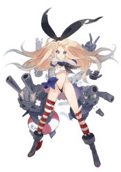 Rule 34 | 10s, 1girl, black panties, blonde hair, blue eyes, crop top, crop top overhang, elbow gloves, gloves, highres, kantai collection, long hair, looking at viewer, navel, panties, primrose, rensouhou-chan, shimakaze (kancolle), solo, striped clothes, striped thighhighs, thighhighs, torn clothes, underwear, wardrobe malfunction, white gloves