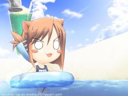 Rule 34 | 00s, 1girl, 3d, :3, animal ears, blush stickers, cat ears, chibi, chibi only, folded ponytail, innertube, komaki manaka, mirrored text, mizuna (water emp-tei), name tag, one-piece swimsuit, reversed, school swimsuit, solo, swim ring, swimsuit, to heart (series), to heart 2, water