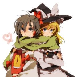 Rule 34 | 2girls, bad id, bad pixiv id, blonde hair, blue eyes, bow, braid, brown eyes, brown hair, detached sleeves, female focus, hakurei reimu, hat, japanese clothes, kirisame marisa, lowres, miko, multiple girls, perfect cherry blossom, ren (zero second), ribbon, scarf, shared clothes, shared scarf, touhou, witch, witch hat