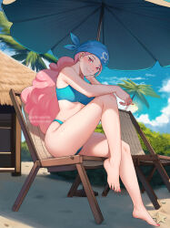 Rule 34 | 1girl, bandana, bare arms, bare legs, bare shoulders, barefoot, beach, big hair, bikini, blue bandana, blue bikini, blue sky, blush, breasts, bush, chair, cigarette, closed mouth, cloud, commission, creatures (company), day, feet, fingernails, game freak, hand on own cheek, hand on own face, head rest, highres, holding, holding cigarette, jetblaackk, knee up, legs, long hair, looking at viewer, lounge chair, medium breasts, nail polish, nintendo, outdoors, palm tree, pink eyes, pink hair, pink nails, pokemon, pokemon rse, sand, shade, shelly (pokemon), sitting, sky, smile, solo, starfish, swimsuit, team aqua, thighs, toenail polish, toenails, toes, tree, twitter username, umbrella