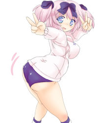 Rule 34 | + +, 10s, 1girl, ass, bad id, bad pixiv id, blue eyes, bow, breasts, buruma, double v, hair bow, hair ribbon, hibari (senran kagura), impossible clothes, impossible sweater, large breasts, long sleeves, looking at viewer, looking back, mikomu, open mouth, pink hair, plump, purple buruma, ribbon, senran kagura, short hair, smile, solo, sweater, symbol-shaped pupils, twintails, v