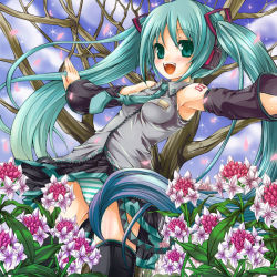 Rule 34 | 1girl, aqua hair, breasts, detached sleeves, female focus, flower, green eyes, hatsune miku, long hair, nature, necktie, outdoors, panties, petals, sky, solo, striped clothes, striped panties, thighhighs, tilm, twintails, underwear, vocaloid
