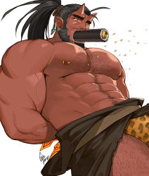 Rule 34 | 1boy, abs, animal print, arm behind back, artist name, bara, beard, biceps, black hair, drooling, earrings, facial hair, food, full mouth, gomtang, hairy, horns, jewelry, large pectorals, loincloth, long hair, looking to the side, male focus, manly, mature male, mouth drool, muscular, muscular male, nipple piercing, nipples, oni, oni horns, original, pectorals, piercing, ponytail, signature, skirt, solo, sushi, talisman, tears, thick arms, thick eyebrows, veins, veiny arms