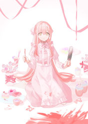 Rule 34 | 1girl, apron, blood, blood on clothes, blood splatter, chihuri, closed mouth, dress, food, fork, frilled apron, frills, hair between eyes, hair ribbon, highres, holding, holding fork, holding knife, juliet sleeves, knife, long hair, long sleeves, looking at viewer, no shoes, original, pink dress, pink hair, pink shirt, plate, puffy sleeves, red pupils, ribbon, seiza, shirt, sitting, sleeveless, sleeveless dress, socks, solo, sweets, very long hair, waist apron, white apron, white ribbon, white socks, yana (chihuri), yellow eyes