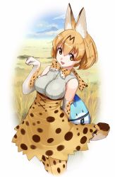 Rule 34 | 10s, 1girl, absurdres, akasaai, animal ears, bare shoulders, bow, bowtie, breasts, brown dress, brown eyes, brown hair, brown legwear, dress, elbow gloves, gloves, grass, highres, kemono friends, looking at viewer, lucky beast (kemono friends), medium breasts, open mouth, outdoors, print dress, robot, savannah, serval (kemono friends), serval print, serval tail, short hair, solo, standing, tail, white gloves