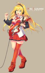 Rule 34 | 1girl, antenna hair, bare shoulders, blonde hair, breasts, brown background, character name, cleavage, crossed bangs, detached sleeves, full body, green eyes, guitar, headphones, highres, instrument, korigitsune, long hair, medium breasts, necktie, open mouth, pleated skirt, red skirt, red thighhighs, simple background, single thighhigh, skirt, smile, solo, standing, thighhighs, tsurumaki maki, voiceroid