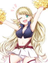 Rule 34 | 1girl, armpits, blonde hair, blush, braid, cheerleader, fire emblem, fire emblem heroes, green eyes, long hair, looking at viewer, navel, nintendo, open mouth, sharena (fire emblem), simple background, smile, solo