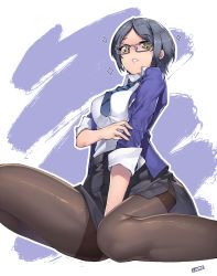 Rule 34 | 10s, 1girl, artist name, between legs, black pantyhose, blazer, blue hair, earrings, glasses, grey-framed glasses, grey hair, hand between legs, hayami kanade, highres, idolmaster, idolmaster cinderella girls, jacket, jewelry, jjune, looking at viewer, miniskirt, necktie, open clothes, open jacket, open mouth, pantyhose, parted bangs, shirt, short hair, side slit, sitting, skirt, sleeves rolled up, solo, sparkle, thighband pantyhose, wariza, yellow eyes