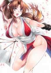 Rule 34 | 1girl, absurdres, breasts, brown hair, fatal fury, highres, large breasts, parted bangs, pelvic curtain, ponytail, rozarin, shiranui mai, socks, solo, thighs