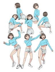 Rule 34 | 1girl, :o, arms up, blue shirt, breasts, brown eyes, brown hair, highres, joongchel kim, long sleeves, looking at viewer, looking back, medium breasts, midriff, multiple views, navel, original, profile, shirt, shoes, short hair, shorts, simple background, sneakers, stretching, sweatdrop, white background, white footwear, white shorts