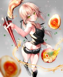 Rule 34 | 1girl, adapted object, artoria pendragon (all), artoria pendragon (fate), bare shoulders, black footwear, blonde hair, boots, bowl, butt crack, chopsticks, eating, egg, excalibur morgan (fate), fate/grand order, fate/stay night, fate (series), food, groin, highres, knee boots, navel, noodles, official alternate costume, pork, ramen, saber (fate), saber alter, saber alter (ver. shinjuku 1999) (fate), short shorts, shorts, soup, suishougensou, tank top, yellow eyes