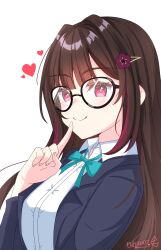 Rule 34 | 1girl, absurdres, artist name, black-framed eyewear, black jacket, blazer, blue ribbon, blush, brown hair, closed mouth, collared shirt, finger to mouth, from side, fuhito07, glasses, hair intakes, hair ornament, hairclip, heart, highres, honkai: star rail, honkai (series), index finger raised, jacket, long bangs, long hair, looking at viewer, multicolored hair, neck ribbon, open clothes, open jacket, pink eyes, red hair, ribbon, school uniform, shirt, sidelocks, simple background, smile, solo, sparkle (honkai: star rail), straight hair, streaked hair, upper body, white background, white shirt