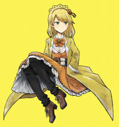 Rule 34 | 1girl, black pants, blonde hair, bow, bowtie, braid, brown footwear, closed mouth, coat, crown braid, dress, green eyes, hands in pockets, highres, knees up, library of ruina, long sleeves, medium hair, orange bow, orange bowtie, orange dress, pants, project moon, shoes, simple background, solo, tiphereth a (project moon), yellow background, yellow coat, york0pm