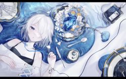 Rule 34 | 1girl, aono 99, blood, blood bag, blue blood, blue eyes, bowl, broken plate, colored blood, eyeball, flower, fork, hair over one eye, hand on own chest, heart (organ), highres, intravenous drip, knife, lanyard, letterboxed, light, lying, lying on water, name tag, off-shoulder shirt, off shoulder, on back, on ground, original, parted lips, partially submerged, plate, shirt, short hair, skeletal hand, solo, spoon, tank top, tray, white hair