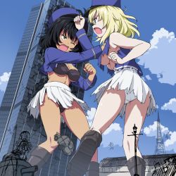 Rule 34 | 3girls, andou (girls und panzer), bc freedom military uniform, black bra, black hair, black panties, blonde hair, blue eyes, blue headwear, blue jacket, blue sky, bra, breasts, brown eyes, building, car, cleavage, clenched hand, cloud, cloudy sky, crotch seam, dark-skinned female, dark skin, day, fighting, frown, ft-17, giant, giantess, girls und panzer, grabbing another&#039;s hair, hat, jacket, kepi, kuro oolong, long sleeves, looking at another, marie (girls und panzer), medium breasts, medium hair, messy hair, military, military hat, military uniform, military vehicle, miniskirt, motor vehicle, multiple girls, navel, one eye closed, open mouth, oshida (girls und panzer), outdoors, panties, pleated skirt, punching, sitting, skirt, sky, standing, standing on one leg, tank, torn clothes, torn jacket, torn skirt, twitter username, underboob, underwear, unfinished, uniform, white panties, white skirt