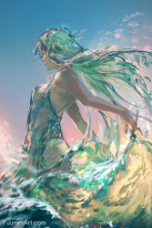 Rule 34 | 1girl, bare arms, bare shoulders, blue dress, blue sky, breasts, closed eyes, closed mouth, cloud, commentary, day, dress, english commentary, from side, green hair, highres, liquid clothes, liquid hair, long hair, original, outdoors, sky, sleeveless, sleeveless dress, small breasts, solo, very long hair, watermark, web address, yuumei