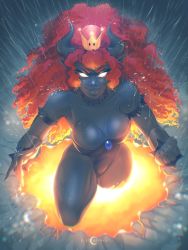Rule 34 | 1girl, armlet, big hair, blackapinaa, bowsette, bracelet, breasts, cleavage, curly hair, fiery hair, fire, fury bowser, giant, giantess, glowing, glowing eyes, highres, horns, jewelry, kaijuu, leotard, lips, long hair, mario (series), medium breasts, lava, monster girl, nintendo, no pupils, pointy ears, rain, red hair, smile, solo, spiked armlet, spiked bracelet, spikes, storm, super crown, super mario 3d world