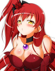 Rule 34 | 10s, 1girl, blush, breasts, bunny1219, character request, choker, cleavage, gem, hair ornament, highres, kaitou tenshi twin angel, large breasts, long hair, looking at viewer, parted lips, red hair, side ponytail, solo, twin angel, upper body, yellow eyes