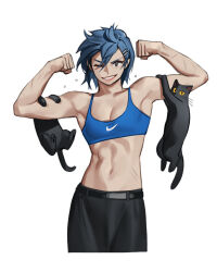 Rule 34 | 1girl, black cat, blue hair, blue sports bra, breasts, cat, cleavage, flexing, hair ornament, hairclip, navel, one eye closed, original, parted lips, rinotuna, scratches, short hair, simple background, small breasts, smile, solo, sports bra, white background