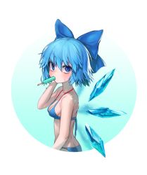 Rule 34 | 1girl, absurdres, alternate costume, bad id, bad pixiv id, bikini, blue bikini, blue bow, blue eyes, blue hair, blush, bow, breasts, butt crack, cirno, cleavage, collarbone, food, hair bow, halterneck, highres, looking at viewer, popsicle, short hair, small breasts, solo, swimsuit, touhou, warabi (rhtkfl03)