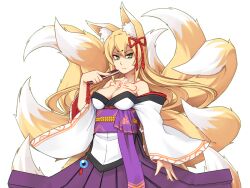 Rule 34 | 1girl, aged up, animal ear fluff, animal ears, bare shoulders, blonde hair, bmp-to-png conversion, breasts, chest tattoo, cleavage, closed mouth, collarbone, cowboy shot, eyeshadow, folding fan, fox ears, fox girl, fox tail, game cg, green eyes, hair between eyes, hakama, hakama skirt, hand fan, hand on own hip, holding, holding fan, japanese clothes, jingai modoki, kimono, kitsune, large breasts, light frown, long hair, looking at viewer, makeup, mon-musu quest!, monster girl, multiple tails, neck tattoo, non-web source, obi, purple hakama, purple sash, red eyeshadow, sash, simple background, skirt, slit pupils, solo, spoilers, tail, tamamo (mon-musu quest!), tattoo, transparent background, very long hair, white kimono, wide sleeves