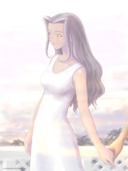 Rule 34 | 1girl, dark skin, dress, green eyes, holding hands, itsuki torii, long hair, smile, solo focus, white dress