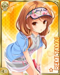 Rule 34 | 1girl, :o, bare legs, blue jacket, brown eyes, brown hair, card (medium), dress, girlfriend (kari), golf, golf club, jacket, looking at viewer, low twintails, official art, qp:flapper, solo, standing, tagme, tamai remi, twintails, white dress, yellow background
