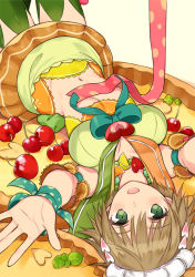 Rule 34 | 1girl, brown hair, cherry, food, foreshortening, fruit, fruit tart, green eyes, headdress, looking at viewer, lying, midriff, ninomoto, on back, open mouth, original, outstretched arms, personification, short hair, skirt, smile, solo, tart (food), thighhighs