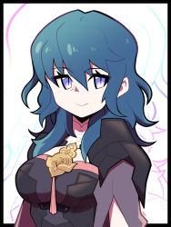 Rule 34 | 1girl, armor, artsy-rc, black border, blue hair, border, breasts, byleth (female) (fire emblem), byleth (fire emblem), closed mouth, commentary, english commentary, fire emblem, fire emblem: three houses, hair between eyes, highres, jewelry, long hair, looking at viewer, medium breasts, necklace, nintendo, pauldrons, purple eyes, shoulder armor, signature, slit pupils, smile, solo, zoom layer