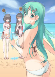 Rule 34 | 10s, 3girls, alternate costume, alternate headwear, aqua eyes, aqua hair, arm at side, ass, bare shoulders, barefoot, beach, bikini, black hair, breasts, butt crack, day, dripping, closed eyes, flower, flower on head, food, from behind, fusou (kancolle), ice cream, kantai collection, light smile, looking at viewer, looking down, medium breasts, melting, midriff, mouth hold, multicolored clothes, multicolored swimsuit, multiple girls, ocean, one-piece swimsuit, open mouth, popsicle, pouty lips, sarong, sensen, shaded face, sideboob, smile, sunflower, suzuya (kancolle), swimsuit, thighs, tupet, white bikini, yamashiro (kancolle)