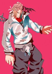 Rule 34 | 1boy, beard, belt, belt buckle, black pants, black wings, brown hair, buckle, collared jacket, dreadlocks, facial hair, grey jacket, hand up, higashizawa yodai, highres, jacket, jewelry, looking at viewer, male focus, necklace, outstretched arm, pants, red background, red eyes, solo, solo focus, spiked wings, subarashiki kono sekai, wings, yellow eyes