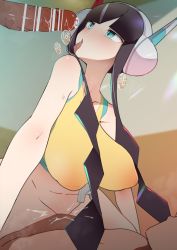 Rule 34 | 1girl, 2boys, bar censor, bare shoulders, black hair, blue eyes, blunt bangs, blush, bottomless, breasts, censored, covered erect nipples, cowgirl position, creatures (company), elesa (pokemon), erection, furau, game freak, gym leader, headphones, hetero, highres, large breasts, long hair, lying, multiple boys, navel, nintendo, on back, open mouth, penis, pokemon, pokemon bw2, pussy juice, sex, straddling, sweat, tongue, tongue out