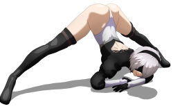Rule 34 | 1girl, arm rest, ass, back cutout, black footwear, black thighhighs, blindfold, boots, closed mouth, clothing cutout, commentary, english commentary, full body, guilty gear, hairband, highres, jack-o&#039; challenge, leotard, lips, long sleeves, nier (series), nier:automata, popblackcherry, shadow, short hair, simple background, solo, spread legs, thigh boots, thighhighs, top-down bottom-up, white background, white hair, 2b (nier:automata)