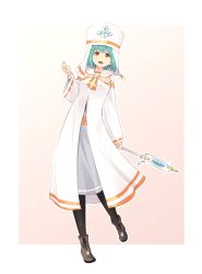 Rule 34 | 1girl, absurdres, black pantyhose, blue hair, boots, breasts, brown footwear, dress, habit, highres, holding, holding staff, ishiyumi, leaning to the side, medium breasts, open mouth, original, pantyhose, priestess, red eyes, short hair, smile, solo, staff, white dress, white headwear