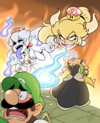 Rule 34 | 1boy, 2girls, armlet, bare shoulders, black collar, black dress, black nails, black sclera, blank eyes, blonde hair, bowsette, bracelet, breasts, brooch, cleavage, collar, colored sclera, crown, disembodied head, dress, earrings, elbow gloves, fangs, fingernails, frilled collar, frills, ghost pose, gloves, hat, highres, horns, jewelry, long hair, long tongue, luigi, luigi&#039;s mansion, mario (series), multiple girls, nail polish, new super mario bros. u deluxe, nintendo, pale skin, pointy ears, ponytail, princess king boo, puffy short sleeves, puffy sleeves, red eyes, scared, sharp fingernails, sharp teeth, short sleeves, spiked armlet, spiked bracelet, spiked collar, spiked shell, spiked tail, spikes, strapless, strapless dress, super crown, sweatdrop, tail, teeth, tongue, tongue out, turtle shell, white dress, white gloves, white hair, zieghost