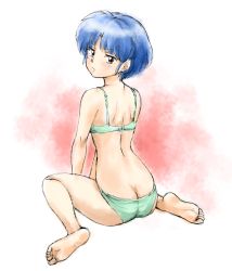 Rule 34 | 1girl, angry, ass, back, barefoot, blue hair, bra, brown eyes, butt crack, closed mouth, from behind, frown, fuusuke (fusuke208), glaring, green bra, green panties, highres, looking at viewer, looking back, panties, ranma 1/2, short hair, sitting, soles, solo, tendou akane, traditional media, underwear, underwear only, v-shaped eyebrows, v arms, wariza