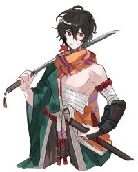 Rule 34 | 1boy, ahoge, alternate costume, arm armor, armlet, armor, bandaged arm, bandaged waist, bandages, brown hair, commentary, commentary request, cosplay, expressionless, granblue fantasy, green kimono, hadanugi dousa, hair between eyes, highres, holding, holding sword, holding weapon, japanese clothes, katana, kimono, leaf, long scarf, male focus, maple leaf, messy hair, mouth hold, no nipples, open clothes, open kimono, orange scarf, pectorals, red eyes, sandalphon (granblue fantasy), scarf, simple background, solo focus, stalk in mouth, sweatdrop, sword, two-tone kimono, weapon, white background, yakota (usuk-yako)