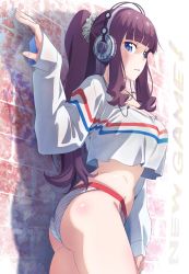 Rule 34 | 1girl, against wall, ass, blue eyes, blunt bangs, breasts, cleavage, copyright name, cowboy shot, crop top, crop top overhang, from side, headphones, highres, long hair, long sleeves, makicha (sasurainopink), navel, new game!, no pants, outdoors, panties, parted lips, ponytail, purple hair, see-through, sidelocks, sleeves past wrists, solo, striped clothes, striped panties, takimoto hifumi, underwear