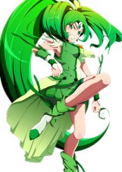 Rule 34 | 10s, 1girl, bike shorts, cure march, dress, eyelashes, green dress, green eyes, green hair, green legwear, green skirt, hair ornament, highres, leg warmers, long hair, looking at viewer, magical girl, matching hair/eyes, midorikawa nao, ponytail, precure, serious, shorts, shorts under skirt, simple background, skirt, smile precure!, solo, tri tails, white background, wrist cuffs, zielgigas
