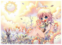 Rule 34 | 1girl, :3, ahoge, blue eyes, blush, rabbit, cloud, emperpep, female focus, flower, nature, open mouth, outdoors, painting (medium), pink hair, sky, solo, sun, traditional media, watercolor (medium)