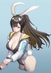Rule 34 | 1girl, absurdres, animal ears, bad id, bad pixiv id, black hair, blonde hair, blush, breasts, cleavage, colored inner hair, disembodied hand, go-jang, highres, holding hands, large breasts, last origin, long hair, magical baekto, multicolored hair, out of frame, ponytail, rabbit ears, rabbit tail, red eyes, solo focus, tail, two-tone hair