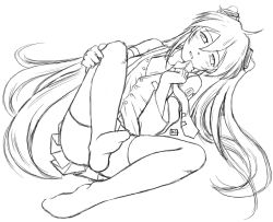 Rule 34 | 1girl, blush, greyscale, hatsune miku, kit (studio), lineart, long hair, monochrome, solo, thighhighs, twintails, very long hair, vocaloid