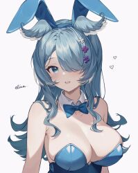 Rule 34 | 1girl, animal ears, blue bow, blue bowtie, blue eyes, blue hair, blue wings, blush, bow, bowtie, breasts, cleavage, commentary, detached collar, elira pendora, hair ornament, hair over one eye, head wings, highres, large breasts, leotard, long hair, multicolored hair, nijisanji, nijisanji en, one eye covered, playboy bunny, rabbit ears, simple background, solo, soybean (hisoybean), symbol-only commentary, virtual youtuber, white background, white hair, wings, x hair ornament